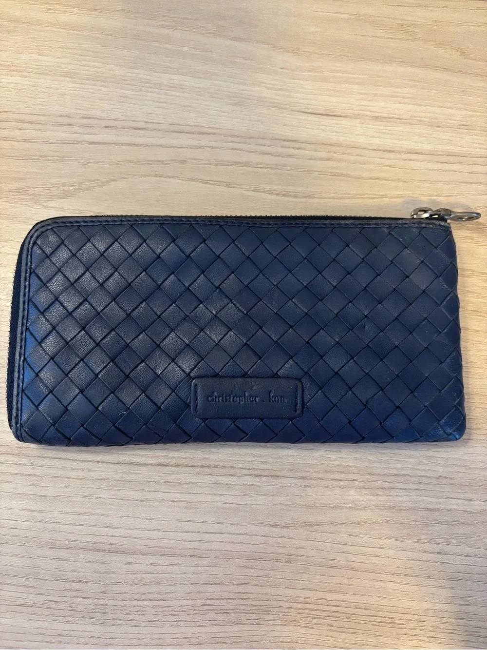 Christopher Kon Navy Woven Leather Zip Wallet